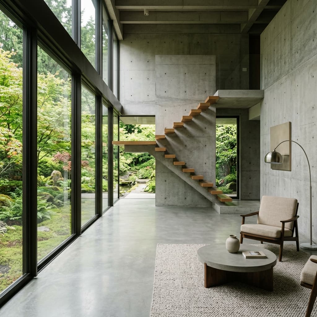 Concrete and glass structural atrium render