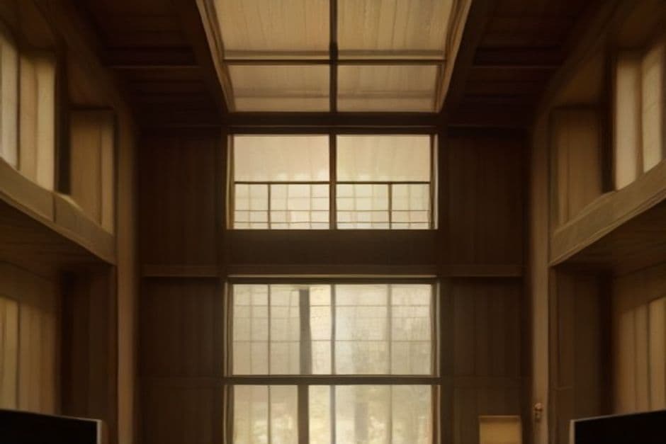 Interior view showing cedar ceiling and glass walls