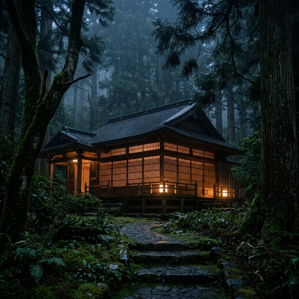 Japanese dark wood pavilion glowing softly at dusk