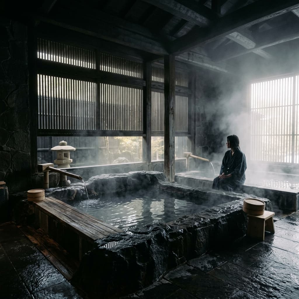 Cinematic dark moody Japanese bathhouse court with mist