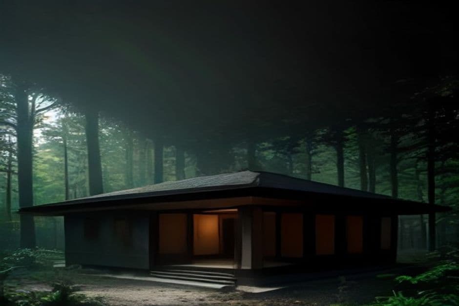 A dark architectural pavilion in a forest