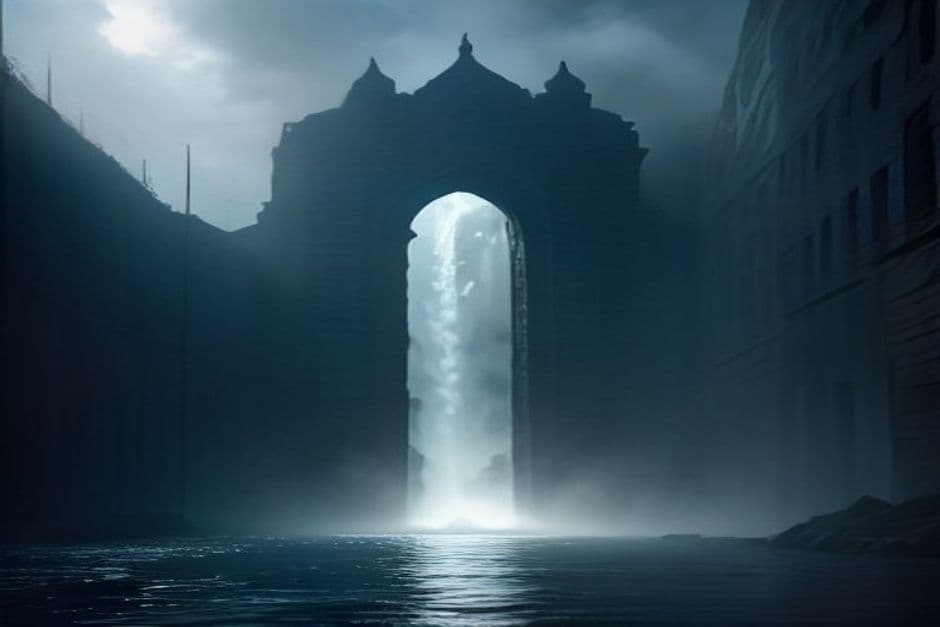 Steam rising above dark stone